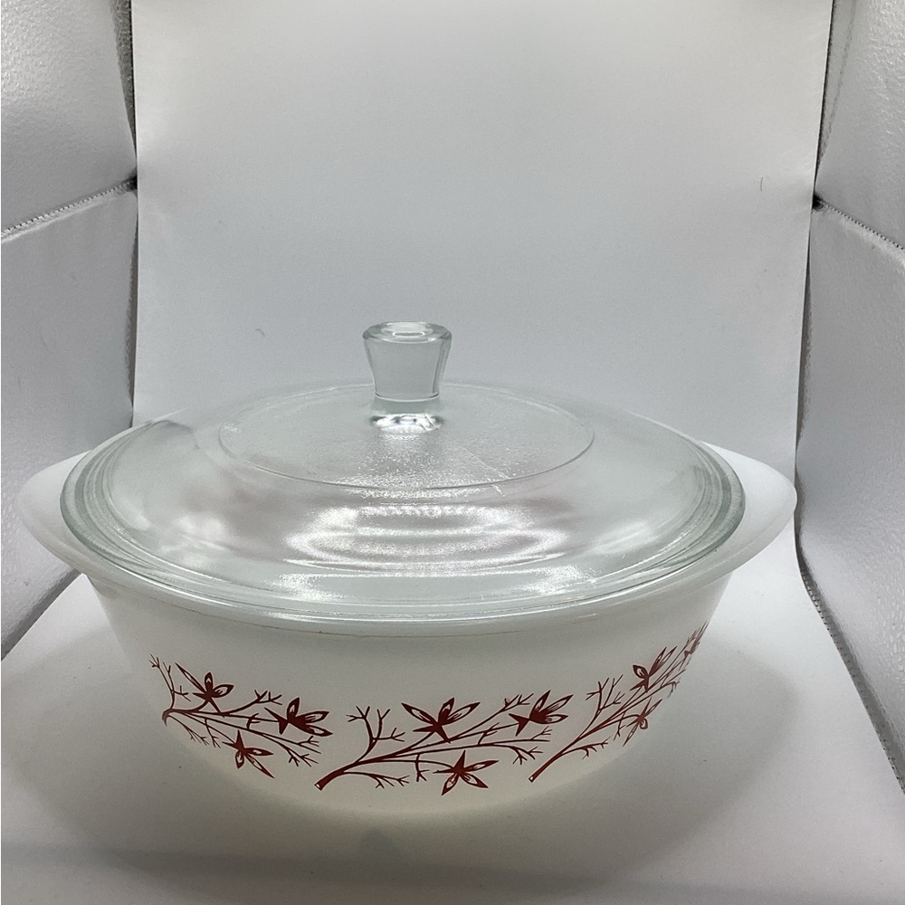 Glasbake Glass Lidded Casserole Bowl 1970s McKee 2 qt with rare branch design